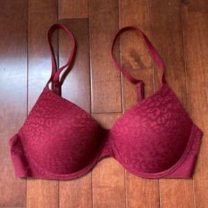 Pink Victoria Secret’s Burgandy Red Leopard Lace Print Push Up Bra Size 34C